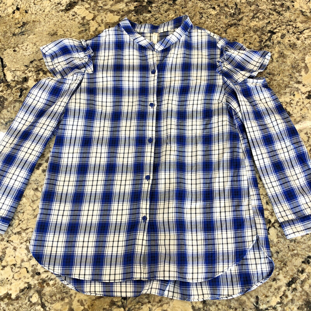 NWOT 10 Join Life Womens Button Up Cold Shoulder Blue White Plaid 3/4 Sleeve MA